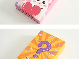 Detail view of colorful lucky blind box packaging with cute cartoon graphics