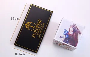 Detailed view of the 16cm x 8.5cm black surprise gift envelope and cube box