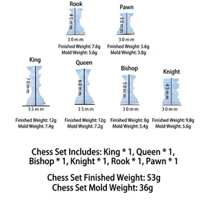 Complete 3D international chess piece silicone mold set with size and weight details