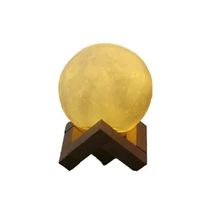 3D moon night light lamp for bedroom with wooden base and soft warm illumination