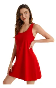Close-up side view of a vibrant red sleeveless stretch tank dress for casual home wear