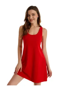 Detailed view of women's red sleeveless tank dress with comfortable scoop neckline.
