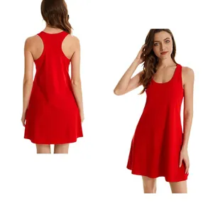 Front and back view of a red stretchy casual sleeveless tank dress for women