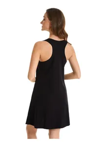 Detailed rear view of a casual black sleeveless racerback tank dress for women in soft fabric