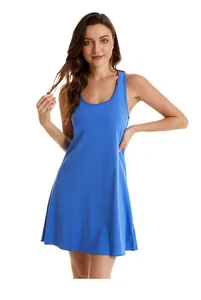 Blue sleeveless plus size tank dress with casual A-line silhouette and stretchy fabric.