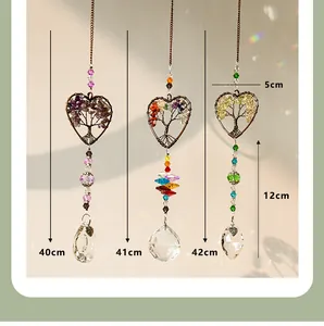 Heart-shaped Tree of Life crystal suncatcher ornaments with detailed size measurements.