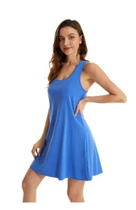 Sleeveless casual blue tank top dress for women with elastic fabric and A-line cut