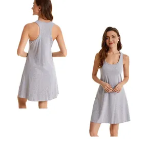 Front and back detail of a casual grey elastic racerback tank dress for women