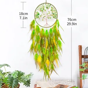 Groene Scandinavische Levensboom dromenvanger met veren voor wanddecoratie