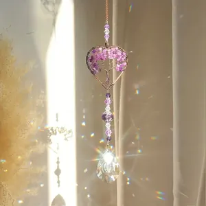 Heart Tree Of Life Crystal Suncatcher Hanging Ornament Zinc Alloy Natural Stone Wind Chime For Garden Window Home Decor Rainbow Maker