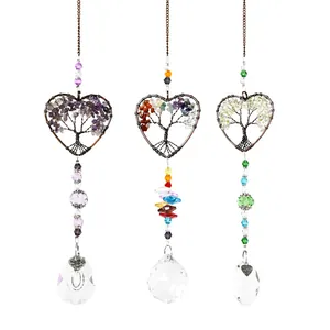 Heart-shaped Tree of Life crystal suncatcher hanging ornaments for garden window decor.