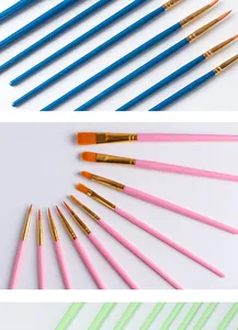 10-piece paintbrush set with colorful plastic handles and nylon bristles for various painting media.