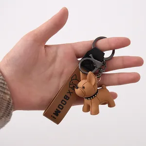 Porte-clés en Résine Bouledogue Français de Dessin Animé Avec Dragonne en Cuir PU Pendentif de Sac à Main Cadeau pour Femmes Hommes Couples