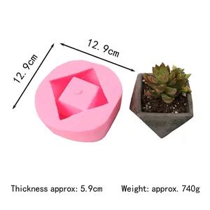 Détail du moule en silicone géométrique avec ses dimensions et un pot de fleurs fini.
