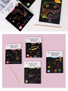 Set of rainbow scratch art notebooks with diverse themes and wooden drawing stylus for kids