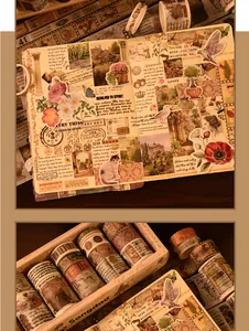Detailansicht von 18 Rollen Vintage-Washi-Tape-Set in Box mit Scrapbook-Beispielen