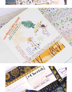Close-up view of decorative gilded washi tape and stickers applied to a creative journal page