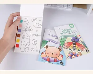 Detail view of children's watercolor coloring book with built-in paint swatches