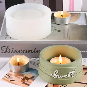 Detailed view of DIY silicone mold and finished green candle holder with Sweet design