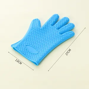 Gant de cuisine en silicone bleu résistant à la chaleur, motif cœur, détail 27x13cm
