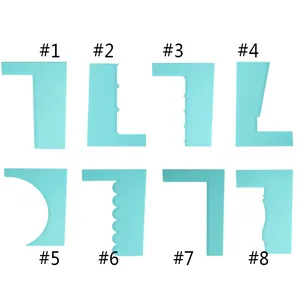 Comparison view of 8 different styles of light blue plastic cake scrapers for DIY baking