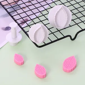 Detailed view of 3pcs rose leaf plunger cutters for cake decorating and DIY baking crafts.