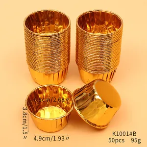 Detailed view of 50pcs gold foil muffin cups with precise size measurements.