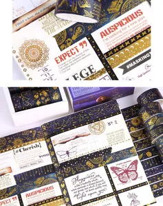 Detailed view of vintage gilded washi tape with constellation and butterfly patterns
