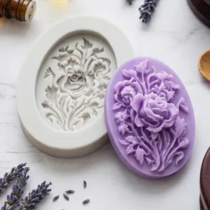 Macro view of detailed rose flower pattern on an oval silicone mold and resin cast
