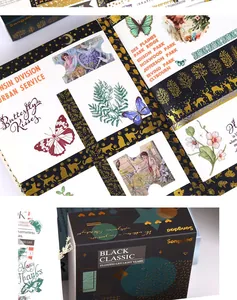 Detailed view of gold-foiled washi tape set and vintage stickers in a gift box.