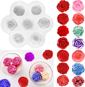 Detail view showing a 7-cavity flower silicone mold with colorful rose candle samples