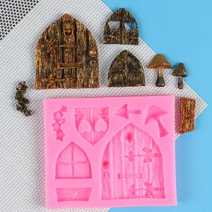 Pink silicone mold featuring fairy tale door and mushroom shapes with finished samples