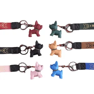 Lot de six porte-clés bouledogue français colorés avec lanière en cuir assortie