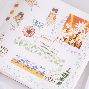 Detailed view showing transparent floral PET stickers and washi tapes on notebook
