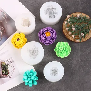 Vista detallada de moldes de silicona suculentas 3D y velas de colores con flores