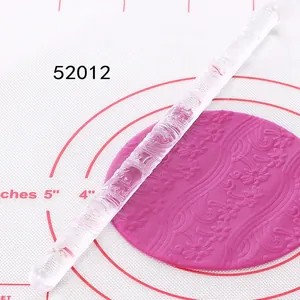 Detailed macro view of acrylic rolling pin embossing flower patterns on purple fondant