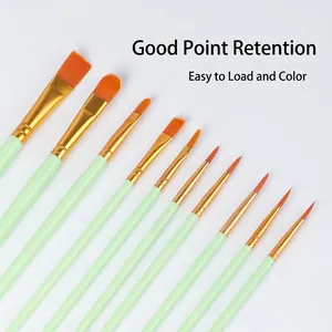 10pcs nylon hair paintbrush set with light green handles for acrylic watercolor oil painting