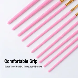 Set of 10 professional pink nylon hair paint brushes for acrylic and watercolor painting