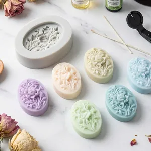 Detailed view of oval rose floral silicone mold with colorful DIY craft samples