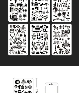 Close-up of various DIY painting stencils featuring Christmas, party, and summer themes.