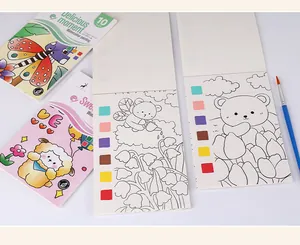 Detail of children's watercolor coloring book with built-in paint swatches and brush