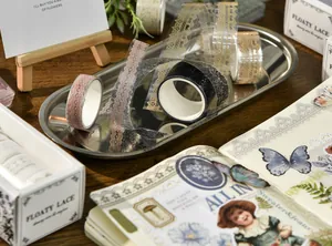 Detailed close-up of vintage lace PET tape rolls used for creative scrapbooking DIY.