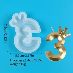 Dimensions and detail of crown number 3 silicone mold and gold candle