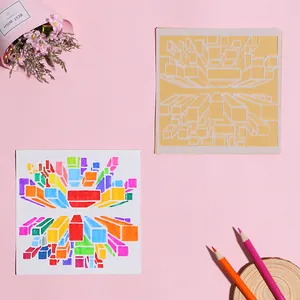 Macro view of a 3D perspective drawing stencil and a colorful finished painting result
