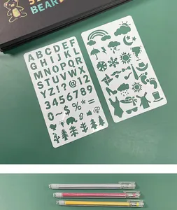 Detail view of DIY drawing stencils with alphabet icons and three glitter gel pens