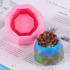 Octagonal pink silicone mold for succulent flower pots with finished resin craft example.