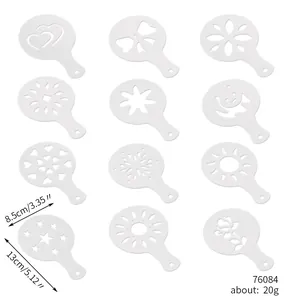 Detailed view of 12 pieces plastic coffee latte art stencils with various patterns