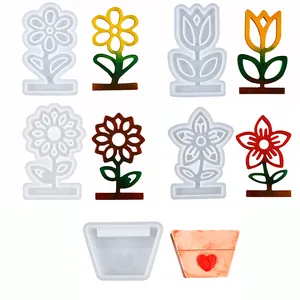 Silicone flower and pot mold set for DIY resin art ornaments, sunflower and tulip designs