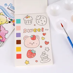 Portable kids watercolor coloring book featuring built-in solid paint and drawing brush