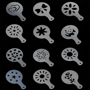 Set of 12 plastic coffee latte art stencils with heart, flower, and star patterns